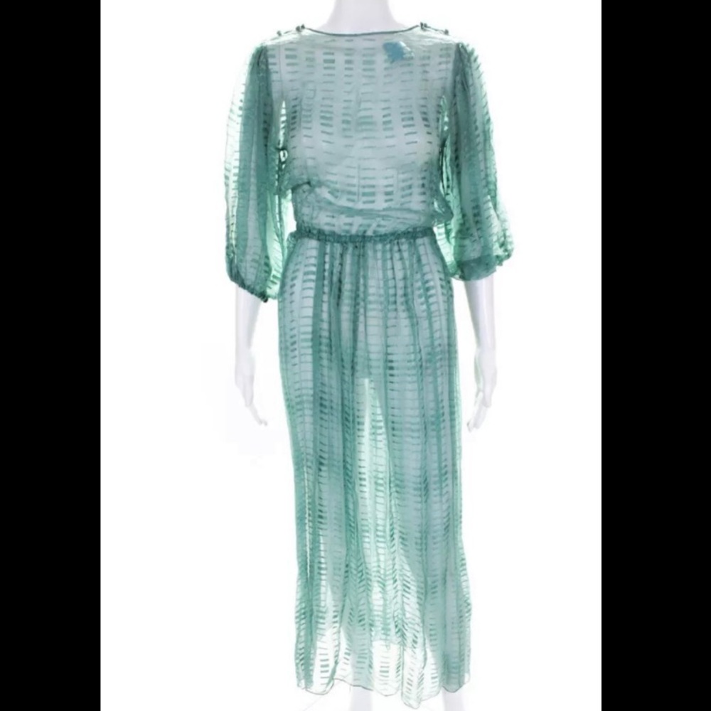 Designer Womens Vintage 1970s Silk Chiffon Fil Coupe A Line Dress Green Size S